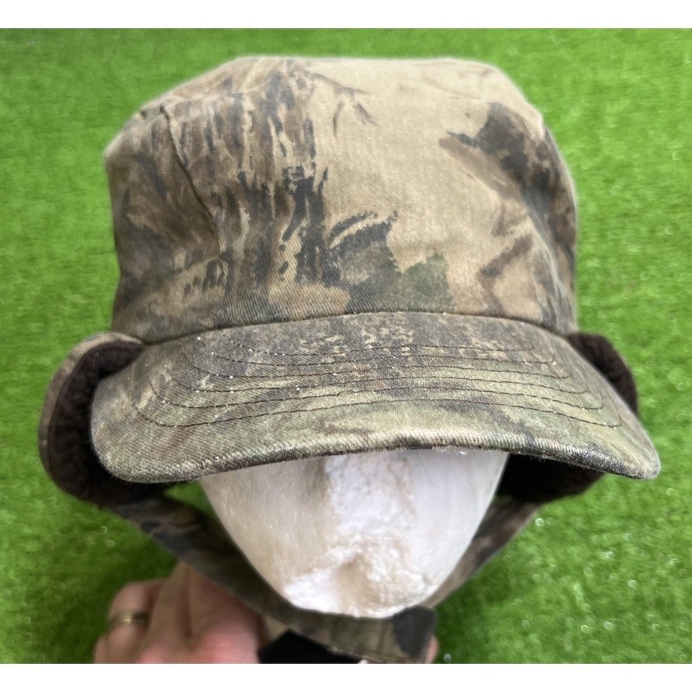 Vintage Camo Trapper Hat Med. Ear Flap Camouflage Hunting real Tree Sherpa Lined